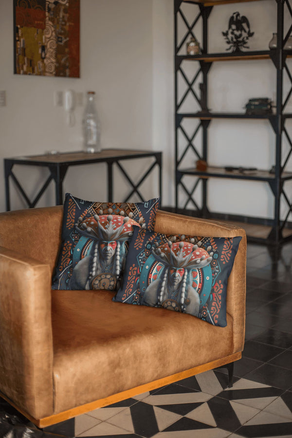 Ancestral Yakut motifs on Amanita - Fly Agaric Pillow